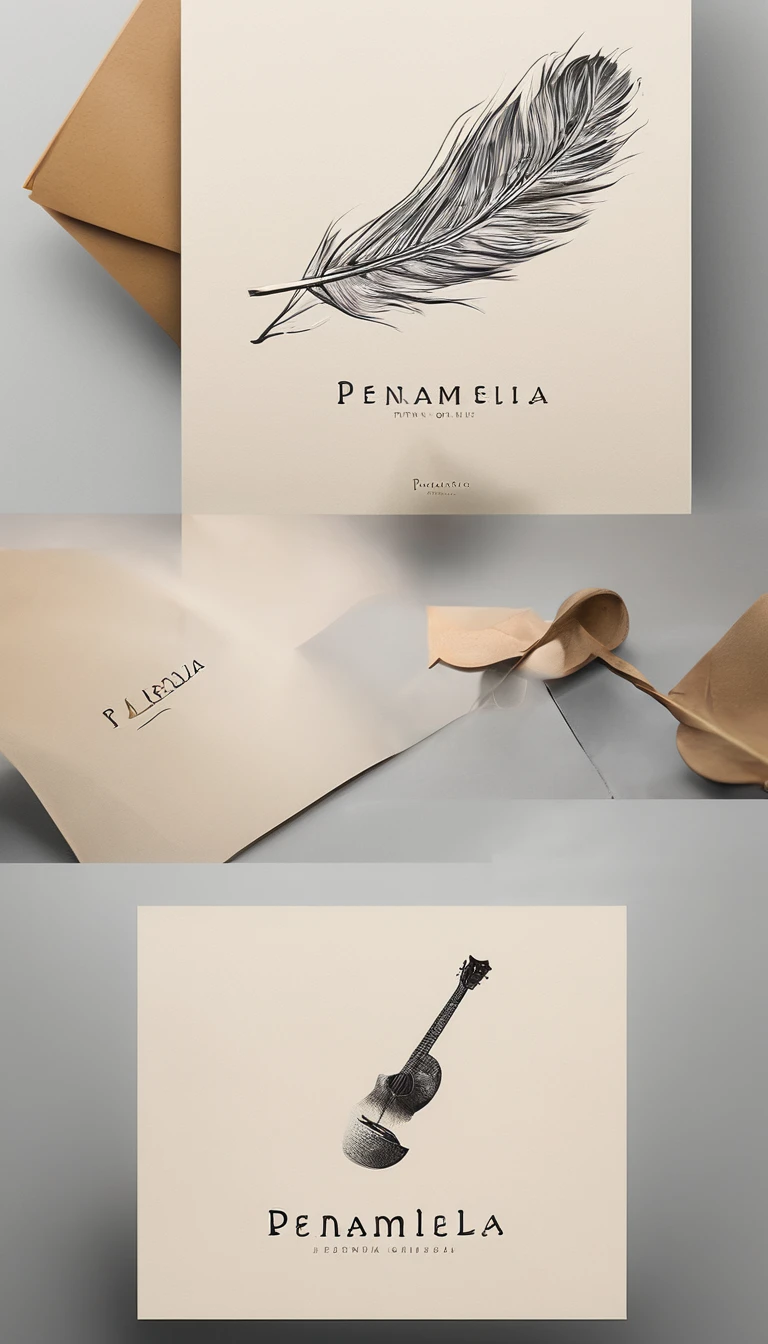 A minimal, modern, simple, cinematic logo design for the storyteller brand “Penamemoria". Create a modern, minimalistic, high-quality, logo of a feather-boy playing acoustic guitar. Make the logo fantastic, unique, modern, simple, minimalistic, dreamy, memorable, nosthalgic, storyteller.