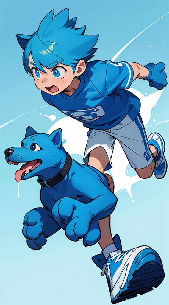 A bright blue dog-themed character, Wearing big sneakers, サイバーパンク, Magazine Cover, Simple Background, Running around, boy, Dog&#39;s Tail, raised fist, projected inset, UHD, best quality, highres, 8k