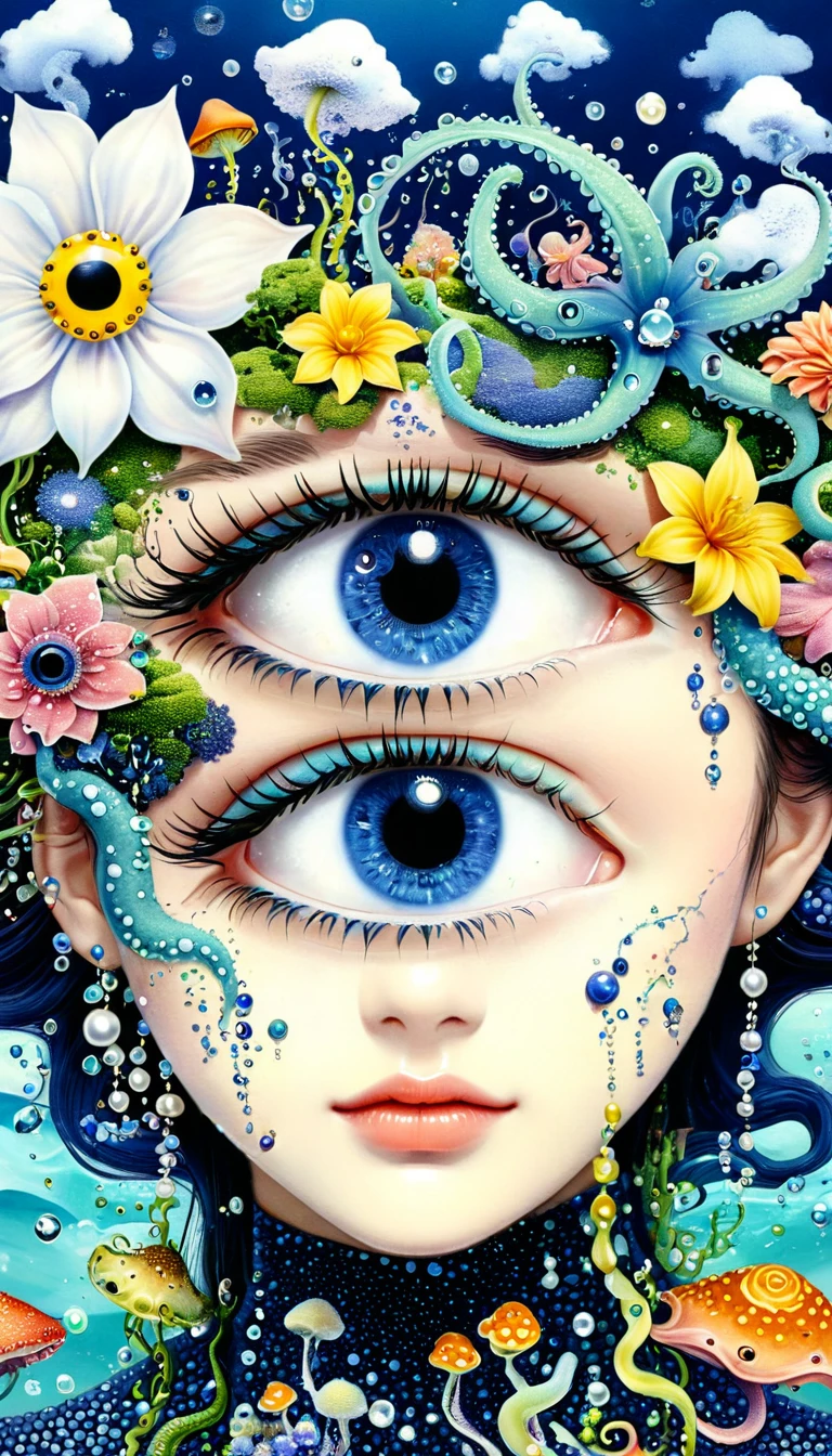 Strong visual fusion of multiple elements,Broto,来自Star的艺术家,house:1.37、Eyes-Flower Contact Lenses、Pearl Tears、Star、cloud、Spore powder、Ocean、Tentacles,Describing the inner world of autistic people,密集Pointillism method。Smooth lines。interesting,Strange illustration。Pointillism method。Strong contrast。Award-winning works。