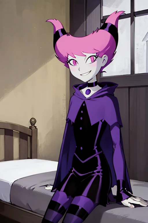 ((masterpiece,best quality)), absurdres, Jinx_TeenTitans,   1girl, solo, pink eyes, pink hair, grey skin, hair up, pale skin, medium hair, hair horns, choker, striped pantyhose, cape, black dress, jewelry,  solo, smiling, looking at viewer, cowboy shot, bedroom, sitting, sexy pose