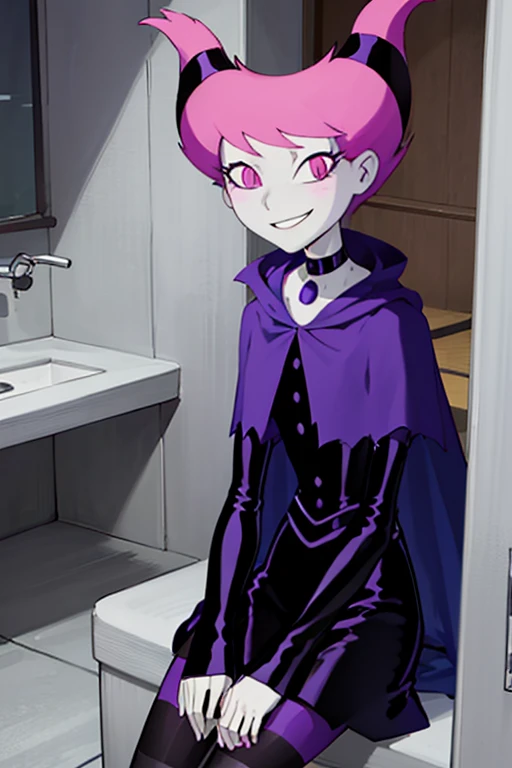 ((masterpiece,best quality)), absurdres, Jinx_Titans, 1girl, solo, pink eyes, pink hair, grey skin, hair up, pale skin, medium hair, hair horns, choker, striped pantyhose, cape, black dress, jewelry, solo, smiling, looking at viewer, cowboy shot, bedroom, sitting, sexy pose