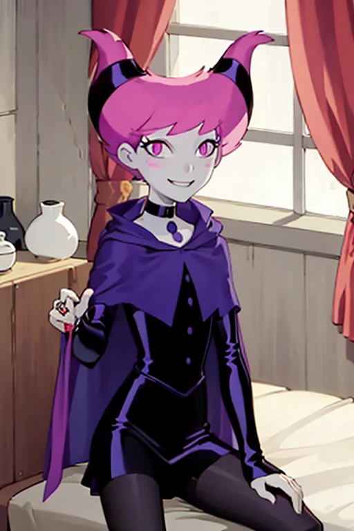 ((masterpiece,best quality)), absurdres, Jinx_TeenTitans,   1girl, solo, pink eyes, pink hair, grey skin, hair up, pale skin, medium hair, hair horns, choker, striped pantyhose, cape, black dress, jewelry,  solo, smiling, looking at viewer, cowboy shot, bedroom, sitting, sexy pose