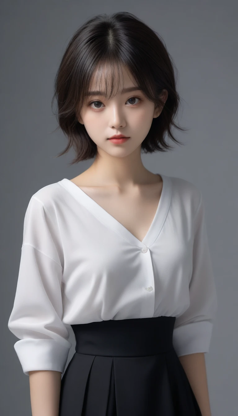 8k, Ultra-high resolution, Highest quality, masterpiece, 三分割法によるphotograph,Surreal, photograph, 1 Girl, (10 years old:1.3), pretty girl, Cute Face, Beautiful eyes in every detail, 細かくdetailedに,masterpiece,One Girl:1.2,full body,sad,streaming tears,Black short hair,Messy bun hair,(black suit:1.3),Nun's clothing,Black Pencil Skirt,(印象派の美しい少女のPortraiture), (Gray background:1.3),(Impressionist light and colour),Dedication to God,Black Stockings,Stiletto pumps,Realistic Skin, Perfect and beautiful face ,完璧でCute Face, Skin with attention to detail, Perfect limbs、Narrow waist,Looking at the audience、beauty,Long neck,clavicle,(((Ideal body type))),A cup small breasts :2,Portraiture:2,Perfect Anatomy,鮮明なdetailed,detailed,Surreal,Light and shadow,spotlight