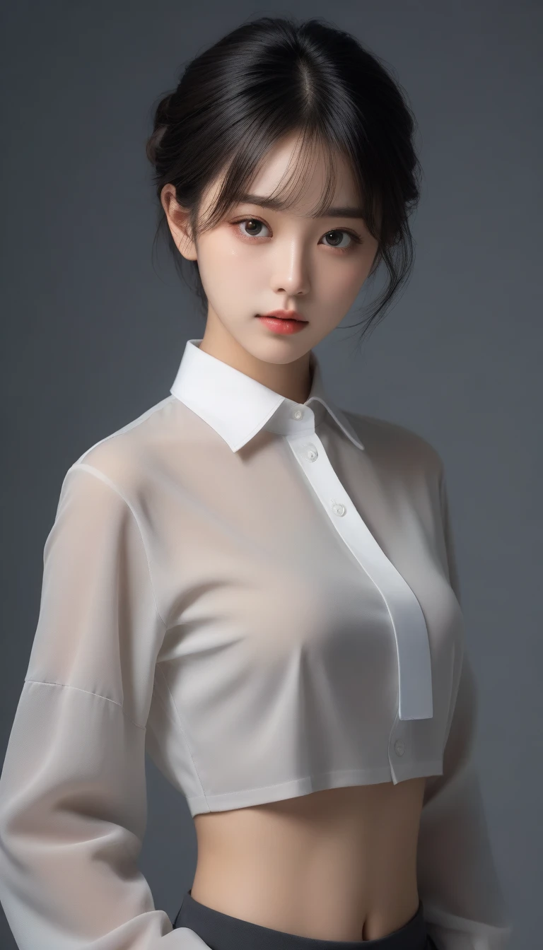 8k, Ultra-high resolution, Highest quality, masterpiece, 三分割法によるphotograph,Surreal, photograph, 1 Girl, (:1.3), pretty girl, Cute Face, Beautiful eyes in every detail, 細かくdetailedに,masterpiece,One Girl:1.2,full body,sad,streaming tears,Black short hair,Messy bun hair,(black suit:1.3),Nun's clothing,Black Pencil Skirt,(印象派の美しい少女のPortraiture), (Gray background:1.3),(Impressionist light and colour),Dedication to God,Black Stockings,Stiletto pumps,Realistic Skin, Perfect and beautiful face ,完璧でCute Face, Skin with attention to detail, Perfect limbs、Narrow waist,Looking at the audience、beauty,Long neck,clavicle,(((Ideal body type))),A cup small breasts :2,Portraiture:2,Perfect Anatomy,鮮明なdetailed,detailed,Surreal,Light and shadow,spotlight