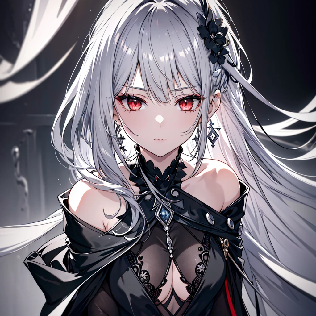 8k,High resolution RAW color art,Anime Art, (((Very detailed and cool))), Detailed skin, Blur、texture,(Exquisitely crafted, The finer details, Ultra-detailed art), (((1 girl))), Depth of written boundary, Silky Touch, Hyper Detail, (((Cool face))), eye shadow、Silver Marble Skin, Beautiful detailed red eyes, Beautiful lip detail, Very delicate face, Delicate depiction of hair and eyes, Delicate fashion, Silver earrings,Silver Bracelet、Full body depiction, Black half top、(((Shoulder Bare)))、Black shorts、black waist cloak、black tights、 A little bit of grey hair, Straight Hair、Semi-long hair、(((Hair)))、water surface、silk clotheatte、fluid、Be shy