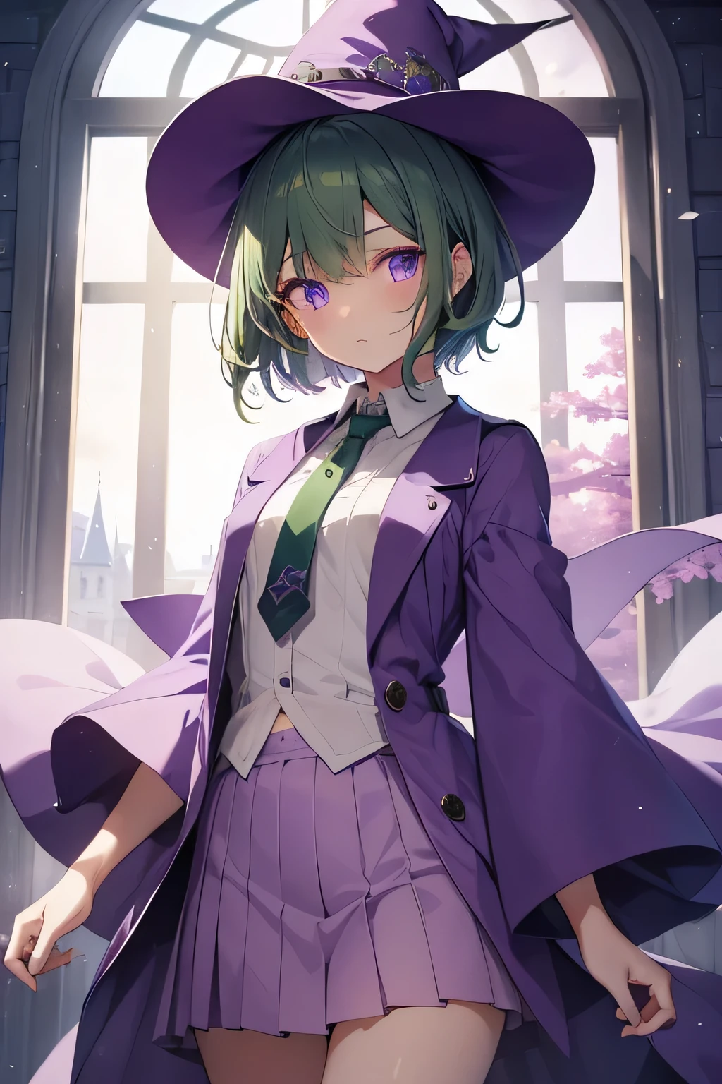 highest quality、Very delicate and beautiful、(age Girls)、Beautiful eyes、Beautiful Eyes、Purple Eyes、Green Hair、Short-haired、(Purple Witch Hat)、Purple tie、I、Short sleeve、Purple Skirt,Purple Wizard Robe、belly button、standing、Facing forward