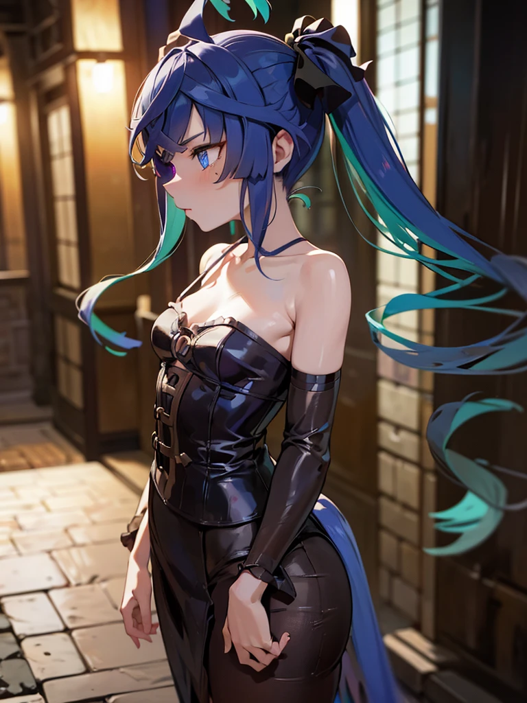 (Masterpiece, best quality, high res、highly detailed cg: 1), ‘Looking for a hooker?’ and a prostitute invites a man to join her. The scene is dominated by a prostitute touting on a quiet, deserted street at night. She is flirtatious with an upward glance. Twin_Turbo_Umamusume, aqua hair, twintails, heterochromia, purple eyes, blue eyes, sharp teeth, nsfw, short stature, small breasts