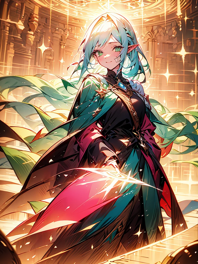 She is an elf with pink hair and green eyes, letting her hair flow long. Across her forehead, she has a wispy fringe or forelock, akin to a mane or horse's forelock. She carries a large sword, draped in a cloak, and smiles gently.