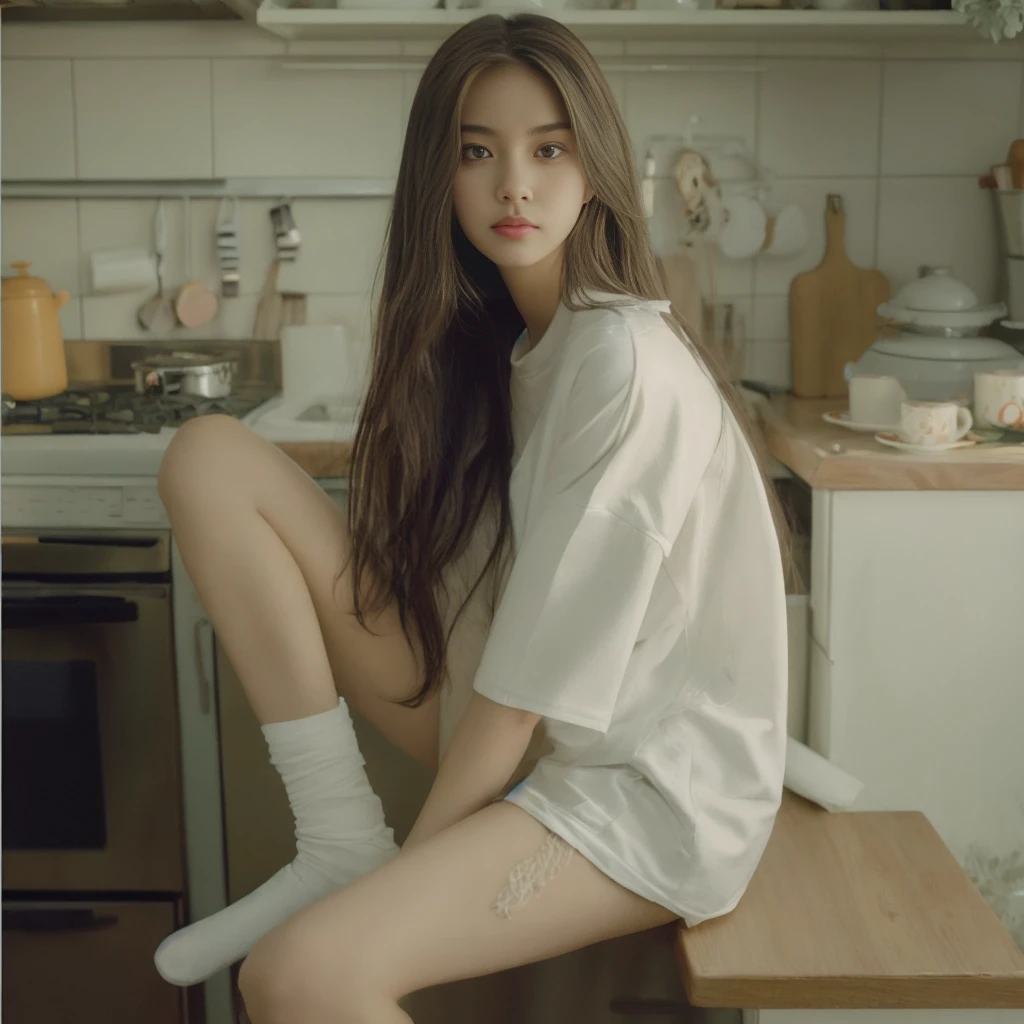araffed woman sitting on a counter in a kitchen with a stove, korean girl, ulzzang, in white clothes, korean women's fashion model, white clothes, asian girl with long hair, with long hair, guweiz, [ realistic photography ], realistic. cheng yi, smooth white tight clothes suit, photo of slim girl model, white long straight hair
