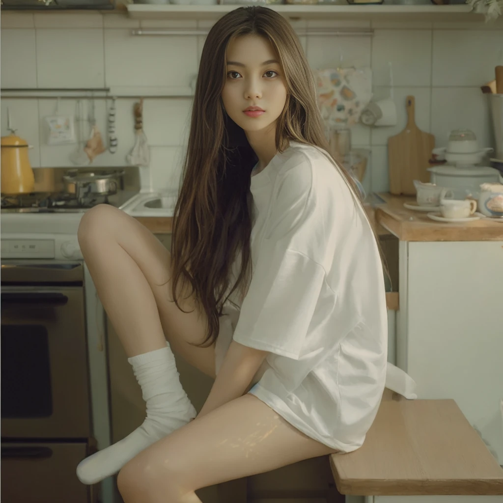 araffed woman sitting on a counter in a kitchen with a stove, korean girl, ulzzang, in white clothes, korean women's fashion model, white clothes, asian girl with long hair, with long hair, guweiz, [ realistic photography ], realistic. cheng yi, smooth white tight clothes suit, photo of slim girl model, white long straight hair