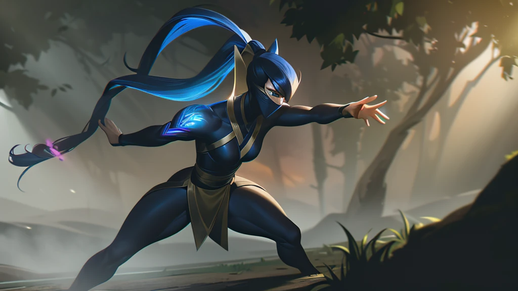 Setting:

Location: Ionia, in the heart of a lush and mystical forest, filled with tall trees with dense foliage and exotic flowers. Sunlight rays penetrate the tree canopy, creating a serene yet mysterious atmosphere. In the background, tall and majestic mountains can be seen, shrouded in a light mist.

Characters:

Akali:

Appearance: Akali, the Rogue Assassin, is dressed in her classic ninja outfit. Her mask partially covers her face, leaving only her intensely green eyes visible. Her hair is long and black, tied up in a high ponytail.
Posture and Action: She is in an attacking stance, slightly leaning forward with a kunai in each hand. Her muscles are tensed, showcasing her readiness and combat skills. Her eyes are fixed on Shen, showing focus and determination.
Shen:

Appearance: Shen, the Eye of Twilight, is in his traditional ninja armor, which is predominantly blue and silver. His mask covers his entire face except for his piercing eyes.
Posture and Action: He is in a defensive stance, with one hand holding his Spirit Blade and the other hand open, ready to block or counterattack. His expression is calm and controlled, reflecting his experience and discipline.
Interaction:

Akali and Shen are in the midst of an intense hand-to-hand combat training session. Akali is attacking with agility and precision, while Shen is defending masterfully and calmly.
They are surrounded by an improvised training ground, with marks on the ground showing the wear and tear of previous fights. Rocks and tree trunks around the field display cuts and marks from strikes.
Environment:

Additional Details: Around them, the vegetation is rich and varied, with small Ionian creatures curiously watching the fight. Bright butterflies flutter around, adding a touch of beauty to the scene.
Atmosphere: The scene is illuminated by a soft, golden sunlight, creating dramatic shadows and highlighting the ninjas' agile movements. The gentle sound of a nearby stream and the singing of Ionian birds 