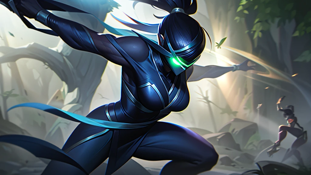 Setting:

Location: Ionia, in the heart of a lush and mystical forest, filled with tall trees with dense foliage and exotic flowers. Sunlight rays penetrate the tree canopy, creating a serene yet mysterious atmosphere. In the background, tall and majestic mountains can be seen, shrouded in a light mist.

Characters:

Akali:

Appearance: Akali, the Rogue Assassin, is dressed in her classic ninja outfit. Her mask partially covers her face, leaving only her intensely green eyes visible. Her hair is long and black, tied up in a high ponytail.
Posture and Action: She is in an attacking stance, slightly leaning forward with a kunai in each hand. Her muscles are tensed, showcasing her readiness and combat skills. Her eyes are fixed on Shen, showing focus and determination.
Shen:

Appearance: Shen, the Eye of Twilight, is in his traditional ninja armor, which is predominantly blue and silver. His mask covers his entire face except for his piercing eyes.
Posture and Action: He is in a defensive stance, with one hand holding his Spirit Blade and the other hand open, ready to block or counterattack. His expression is calm and controlled, reflecting his experience and discipline.
Interaction:

Akali and Shen are in the midst of an intense hand-to-hand combat training session. Akali is attacking with agility and precision, while Shen is defending masterfully and calmly.
They are surrounded by an improvised training ground, with marks on the ground showing the wear and tear of previous fights. Rocks and tree trunks around the field display cuts and marks from strikes.
Environment:

Additional Details: Around them, the vegetation is rich and varied, with small Ionian creatures curiously watching the fight. Bright butterflies flutter around, adding a touch of beauty to the scene.
Atmosphere: The scene is illuminated by a soft, golden sunlight, creating dramatic shadows and highlighting the ninjas' agile movements. The gentle sound of a nearby stream and the singing of Ionian birds 