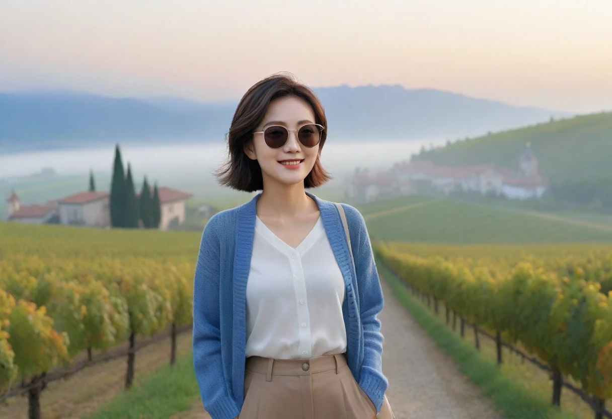 8k best picture quality, Beautiful 36-year-old Korean woman, Chest size 34 inches, Dawn in the early autumn countryside in northern Italy, View of the cathedral next to the vineyards, The back background is realistic and vivid image quality, short medium hair, Wear a shirt and cardigan and casual pants, Smile slightly. the background is clear, looking up the side., Looking at vineyards covered in thick fog from a path on a hill, Wearing thick horn-rimmed sunglasses.