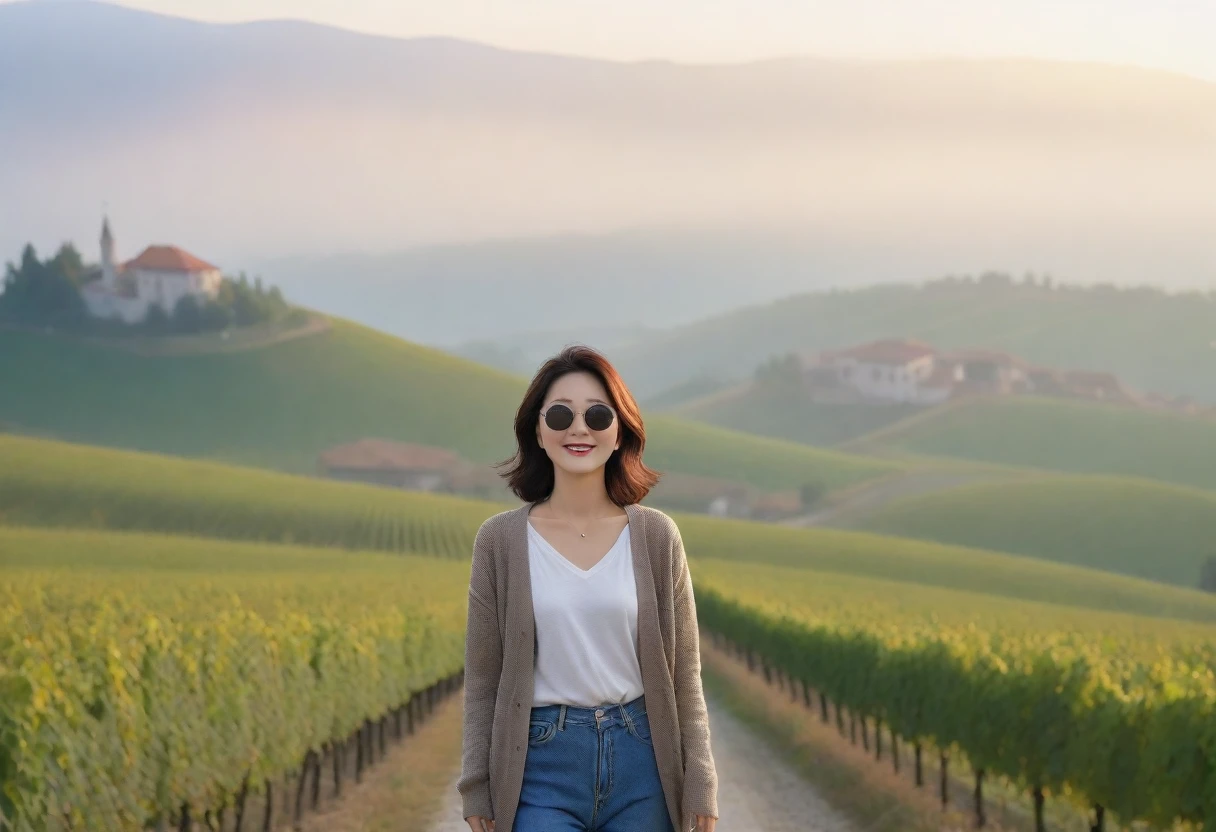 8k best picture quality, Beautiful 36-year-old Korean woman, Chest size 34 inches, Dawn in the early autumn countryside in northern Italy, View of the cathedral next to the vineyards, The back background is realistic and vivid image quality, short medium hair, Wear a shirt and cardigan and casual pants, Smile slightly. the background is clear, looking up the side., Looking at vineyards covered in thick fog from a path on a hill, Wearing thick horn-rimmed sunglasses.