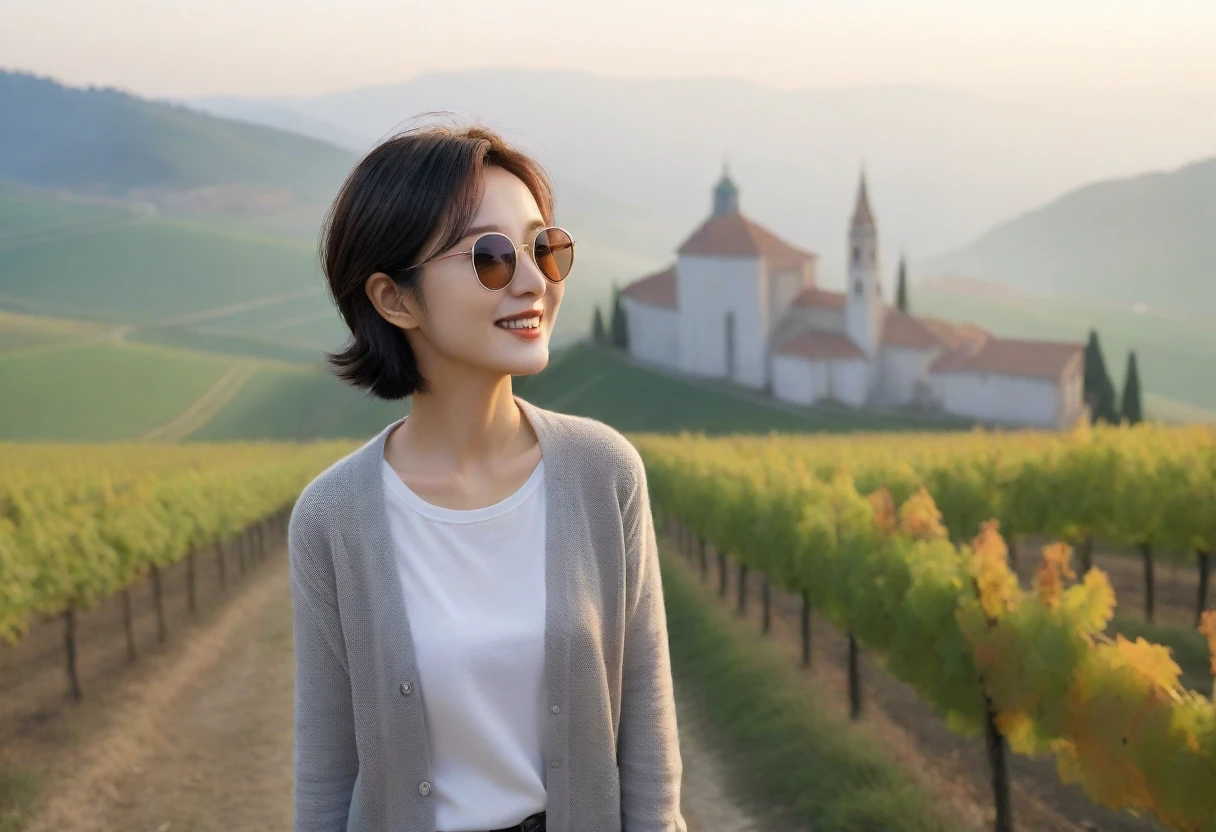 8k best picture quality, Beautiful 36-year-old Korean woman, Chest size 34 inches, Dawn in the early autumn countryside in northern Italy, View of the cathedral next to the vineyards, The back background is realistic and vivid image quality, short medium hair, Wear a shirt and cardigan and casual pants, Smile slightly. the background is clear, looking up the side., Looking at vineyards covered in thick fog from a path on a hill, Wearing thick horn-rimmed sunglasses.