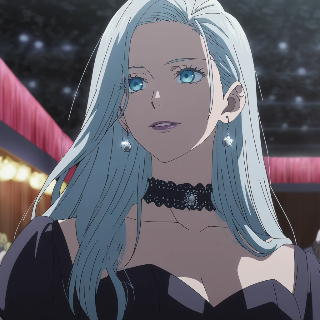 1girl, female gojo satoru, anime screencap from jujutsu kaisen, gojo satoru female version, solo, long_hair, ((Blue eyes)) ((round sunglasses)) ((Silver_hair, hair over ear from one side))((slicked hair)) , night view, upper_body, smile,party hall, parted lips, (long hair) ((wearing black colour prom night outfit, neck choker)) "very detailed and high resolution" (Blue eyes) ((round sunglasses)) ((solo)) (((front view))) (earings) ((high resolution)) ((good quality)) ((silky hair, hair over ear from one side))((hair slicked)) ((parted lips)) 