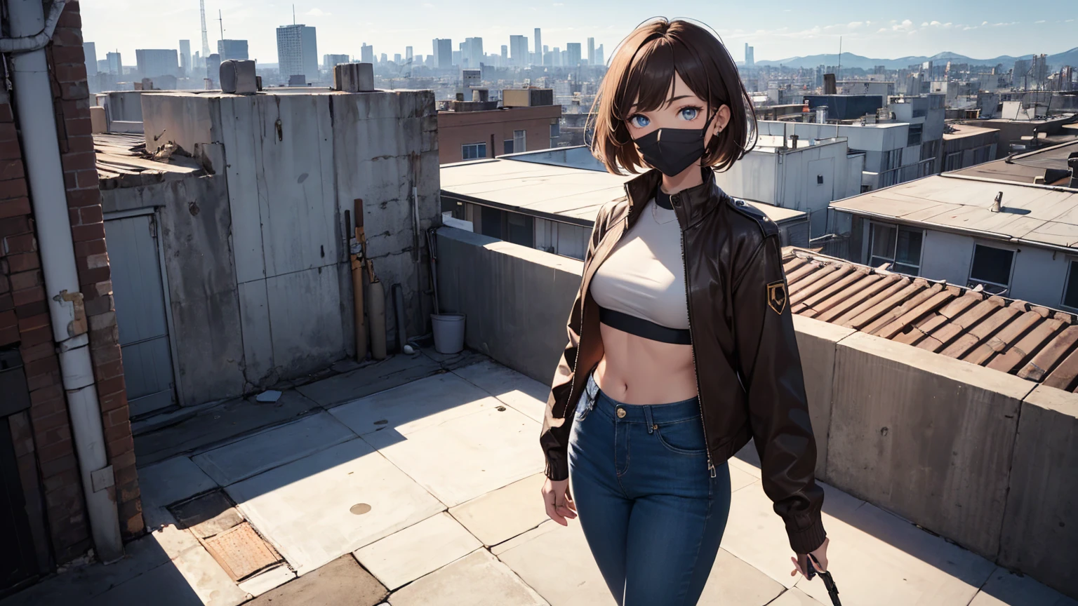 A girl wearing mask, brown short hair, a pistol in his hands, wearing a synthetic black crop top with a brown jacket and blue jeans, blue eyes, standing on a rooftop,centre of image.
