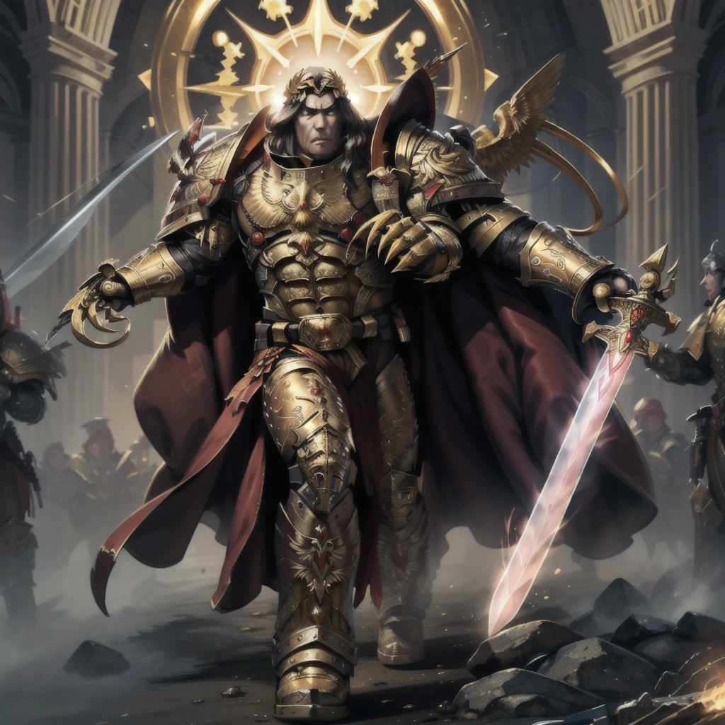 mature adult, illustration, beautiful detailed eyes, best quality, highly detailed, masterpiece, ultra-detailed, illustration, long hair, olive skin, full armor, muscular, god-like physique, golden armor, glowing golden aura, highly-ornamented golden armor, gold trimmings, bronze trimmings, cape, laurel crown,
1 man, serious, stern, yellow eyes, EMPEROR OF MANkind, glowing eyes,  full body, battle, ((holding sword, claw(weapon):1.3)),