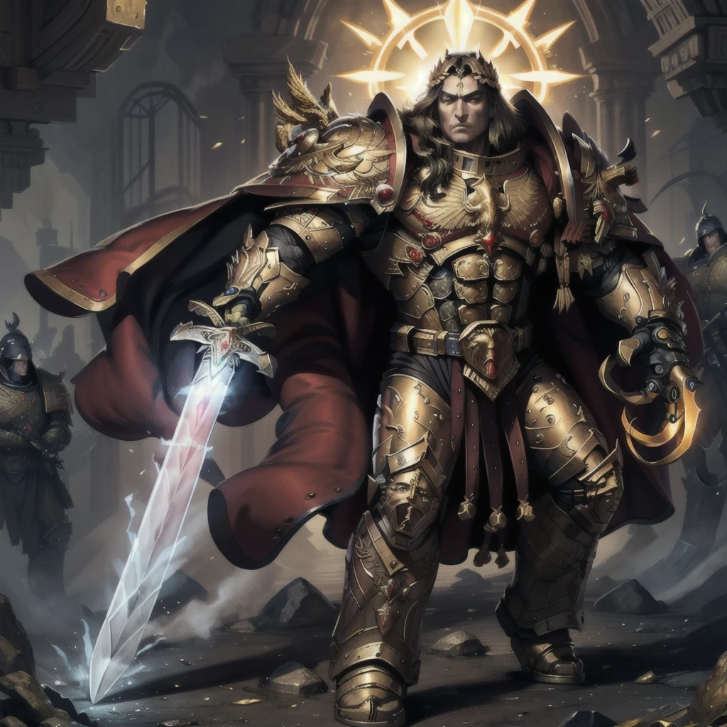 mature adult, illustration, beautiful detailed eyes, best quality, highly detailed, masterpiece, ultra-detailed, illustration, long hair, olive skin, full armor, muscular, god-like physique, golden armor, glowing golden aura, highly-ornamented golden armor, gold trimmings, bronze trimmings, cape, laurel crown,
1 man, serious, stern, yellow eyes, EMPEROR OF MANkind, glowing eyes,  full body, battle, ((holding sword, claw(weapon):1.3)),