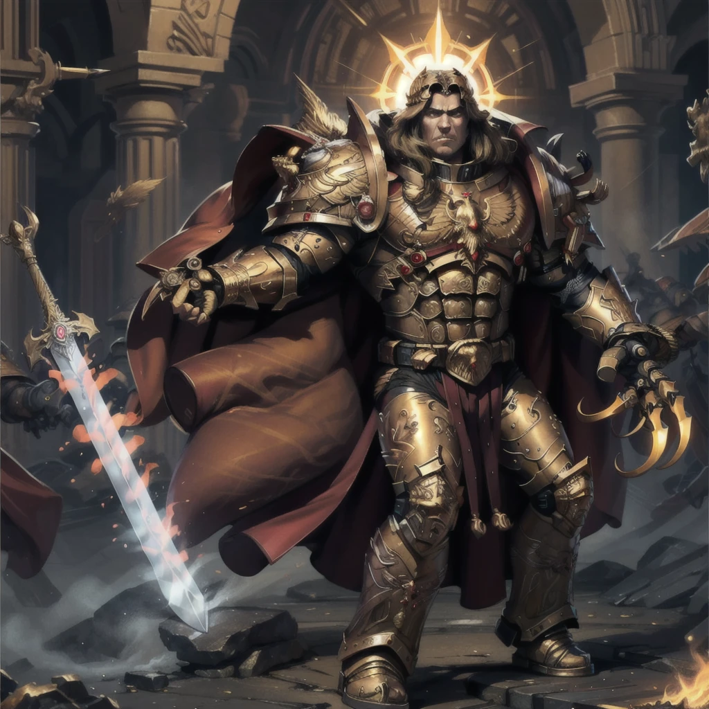 mature adult, illustration, beautiful detailed eyes, best quality, highly detailed, masterpiece, ultra-detailed, illustration, long hair, olive skin, full armor, muscular, god-like physique, golden armor, glowing golden aura, highly-ornamented golden armor, gold trimmings, bronze trimmings, cape, laurel crown,
1 man, serious, stern, yellow eyes, EMPEROR OF MANkind, glowing eyes,  full body, battle, ((holding sword, claw(weapon):1.3)),