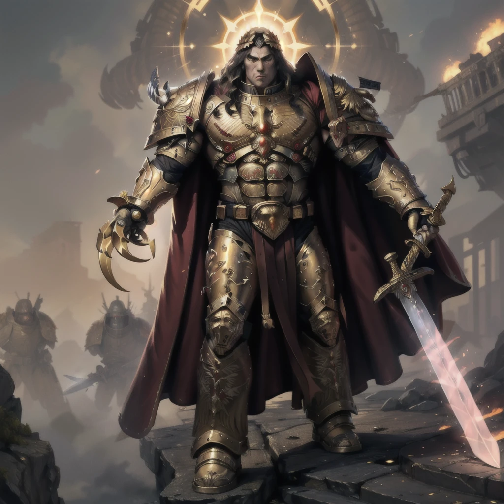 mature adult, illustration, beautiful detailed eyes, best quality, highly detailed, masterpiece, ultra-detailed, illustration, long hair, olive skin, full armor, muscular, god-like physique, golden armor, glowing golden aura, highly-ornamented golden armor, gold trimmings, bronze trimmings, cape, laurel crown,
1 man, serious, stern, yellow eyes, EMPEROR OF MANkind, glowing eyes,  full body, battle, ((holding sword, claw(weapon):1.3)),