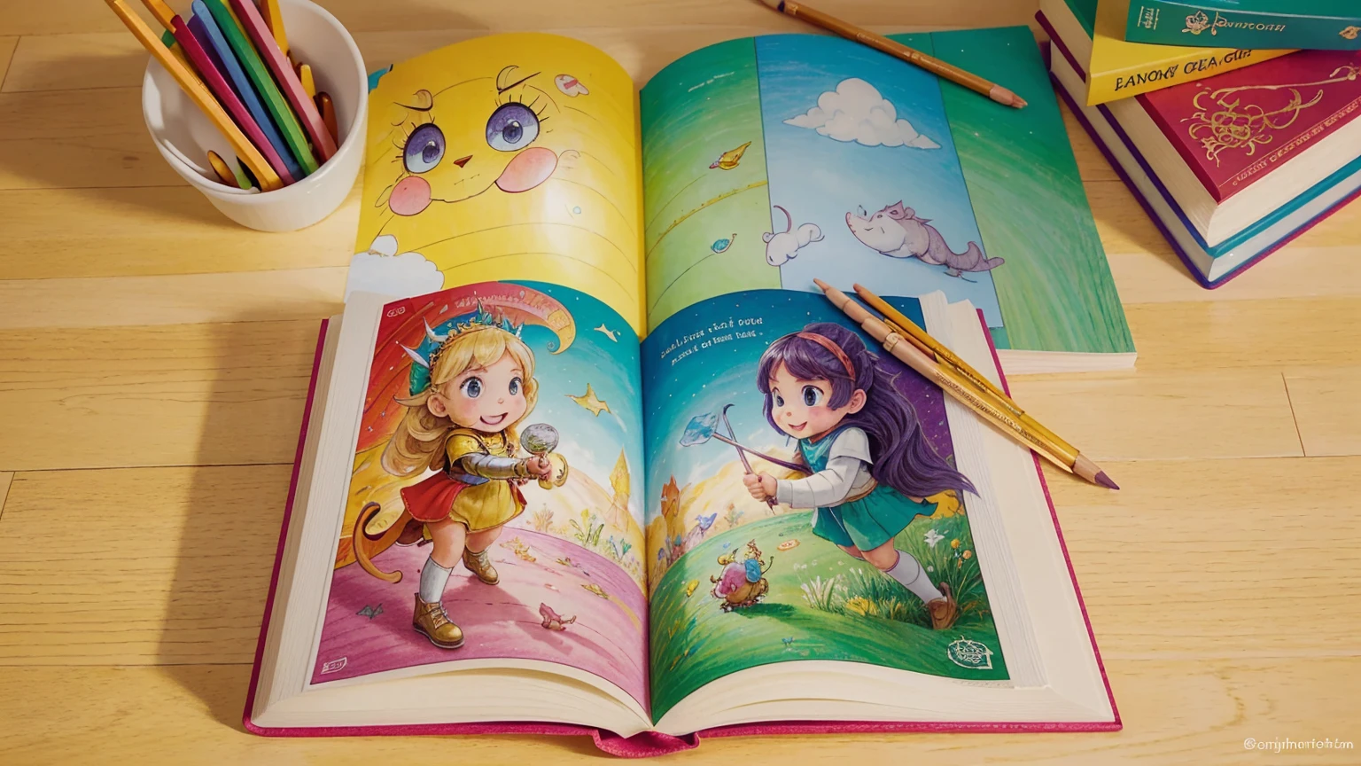 A whimsical children’s book with a bright, illustrated cover featuring a friendly dragon and a brave knight. The book is surrounded by colorful pencils and scattered pages of drawings. The background shifts from a sunny yellow to a soft green, adding to the playful and imaginative vibe.