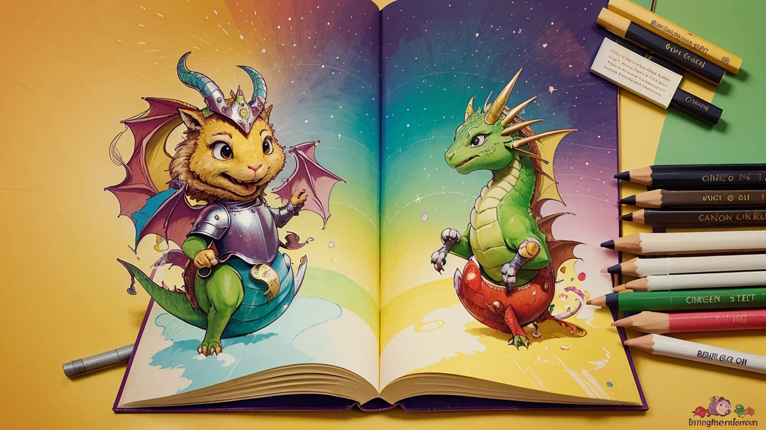 A whimsical children’s book with a bright, illustrated cover featuring a friendly dragon and a brave knight. The book is surrounded by colorful pencils and scattered pages of drawings. The background shifts from a sunny yellow to a soft green, adding to the playful and imaginative vibe.