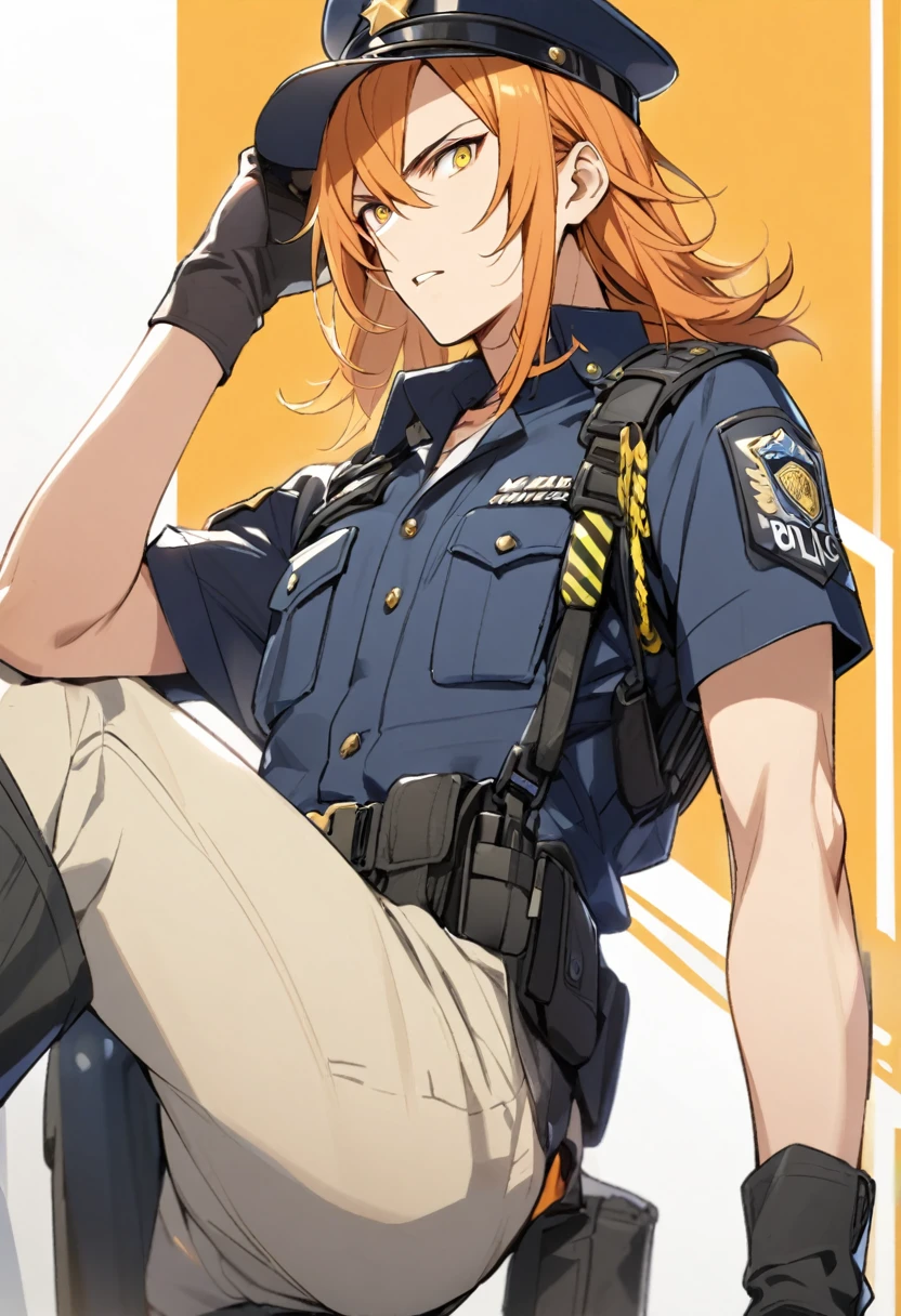 Male police, orange hair, yellow eyes, medium length hair,
