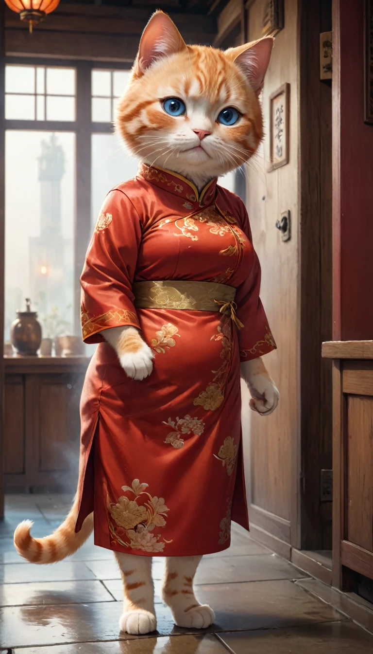 Crying face、tears、small, かわいいto be bornき物, Wearing a red cheongsam、 whole body,small , Are standing, Costume, Chinese restaurant、 Fantasy art, Exquisite detail, Jean-Baptiste Monge Style, office、Alan Lee Style, Anthropomorphic, Fat, Orange cat with big blue eyes, Movie Scenes, Dramatic shot angles, , Realistic, to be born々Stunning cinematic photorealism, Action Portrait, 8k, detailed, Full Frame