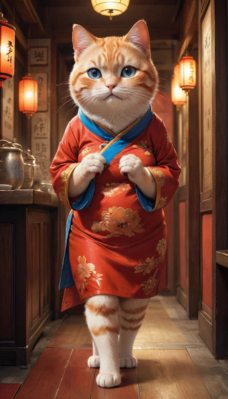 Crying face、tears、small, かわいいto be bornき物, Wearing a red cheongsam、 whole body,small , Are standing, Costume, Chinese restaurant、 Fantasy art, Exquisite detail, Jean-Baptiste Monge Style, office、Alan Lee Style, Anthropomorphic, Fat, Orange cat with big blue eyes, Movie Scenes, Dramatic shot angles, , Realistic, to be born々Stunning cinematic photorealism, Action Portrait, 8k, detailed, Full Frame