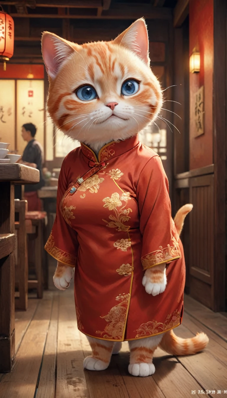 Crying face、tears、small, かわいいto be bornき物, Wearing a red cheongsam、 whole body,small , Are standing, Costume, Chinese restaurant、 Fantasy art, Exquisite detail, Jean-Baptiste Monge Style, office、Alan Lee Style, Anthropomorphic, Fat, Orange cat with big blue eyes, Movie Scenes, Dramatic shot angles, , Realistic, to be born々Stunning cinematic photorealism, Action Portrait, 8k, detailed, Full Frame