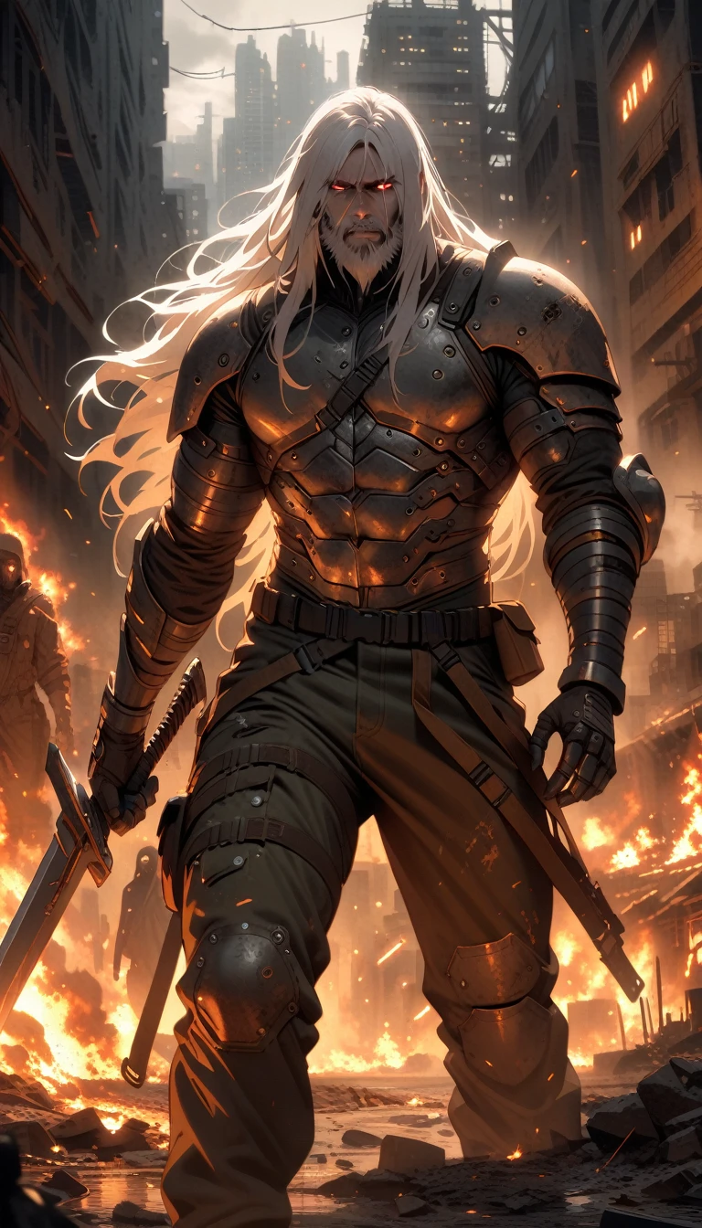 ((best quality)) , ((masterpiece)) , (detailed)，weapon, armor, holding, long hair, facial hair, glowing eyes, 1boy, male focus, holding weapon, glowing, sword, outdoors, helmet, braid, teeth, fire, shoulder armor, pants, grey hair, beard, bangs, holding sword, muscular male, white hair,(((Dystopian style, Inconsiderate . Bleak, post-apocalyptic, somber, dramatic, highly detailed)))