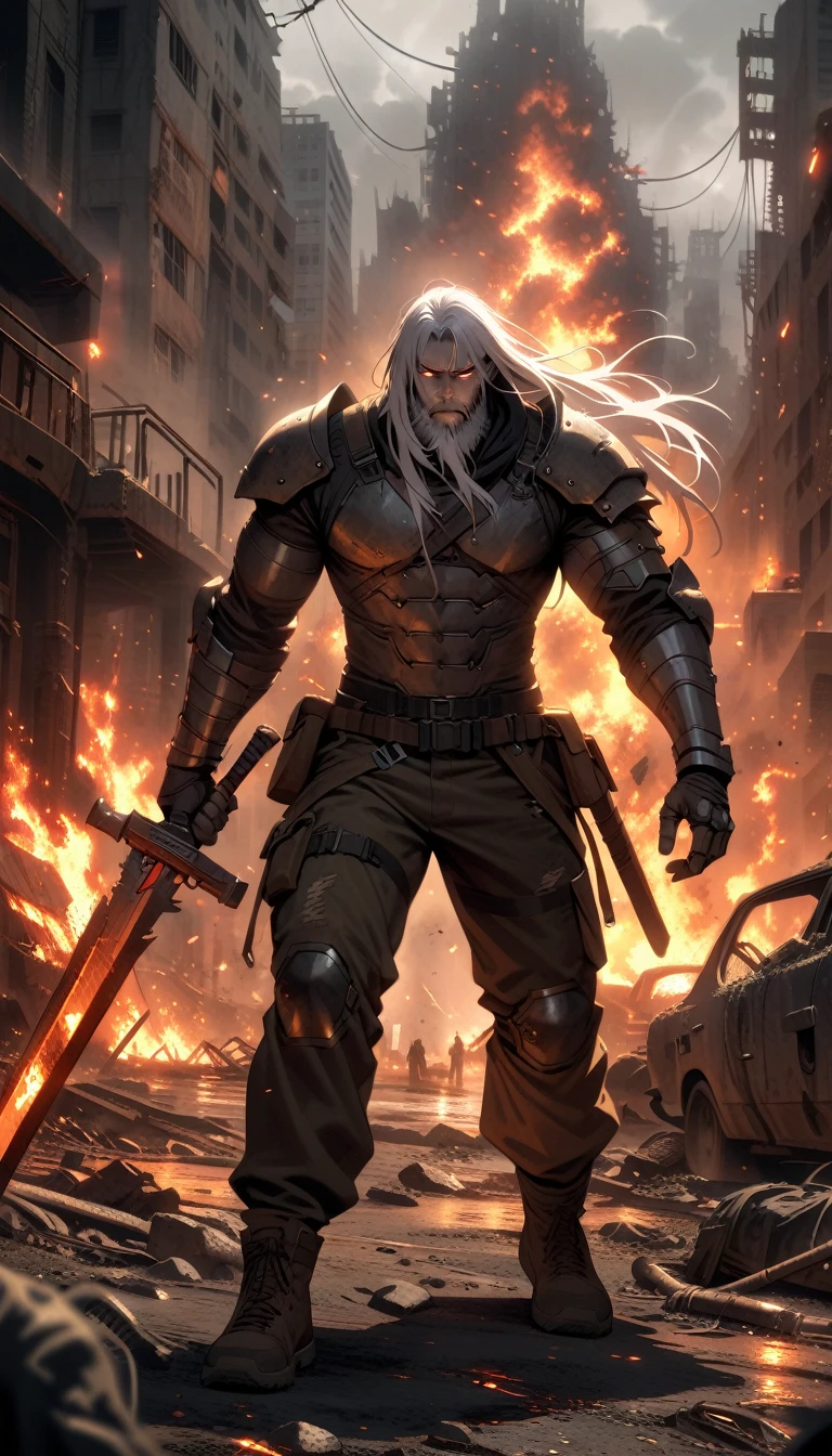 ((best quality)) , ((masterpiece)) , (detailed),weapon, armor, holding, long hair, facial hair, glowing eyes, 1boy, male focus, holding weapon, glowing, sword, outdoors, helmet, braid, teeth, fire, shoulder armor, pants, grey hair, beard, bangs, holding sword, muscular male, white hair,(((Dystopian style, Inconsiderate . Bleak, post-apocalyptic, somber, dramatic, highly detailed)))