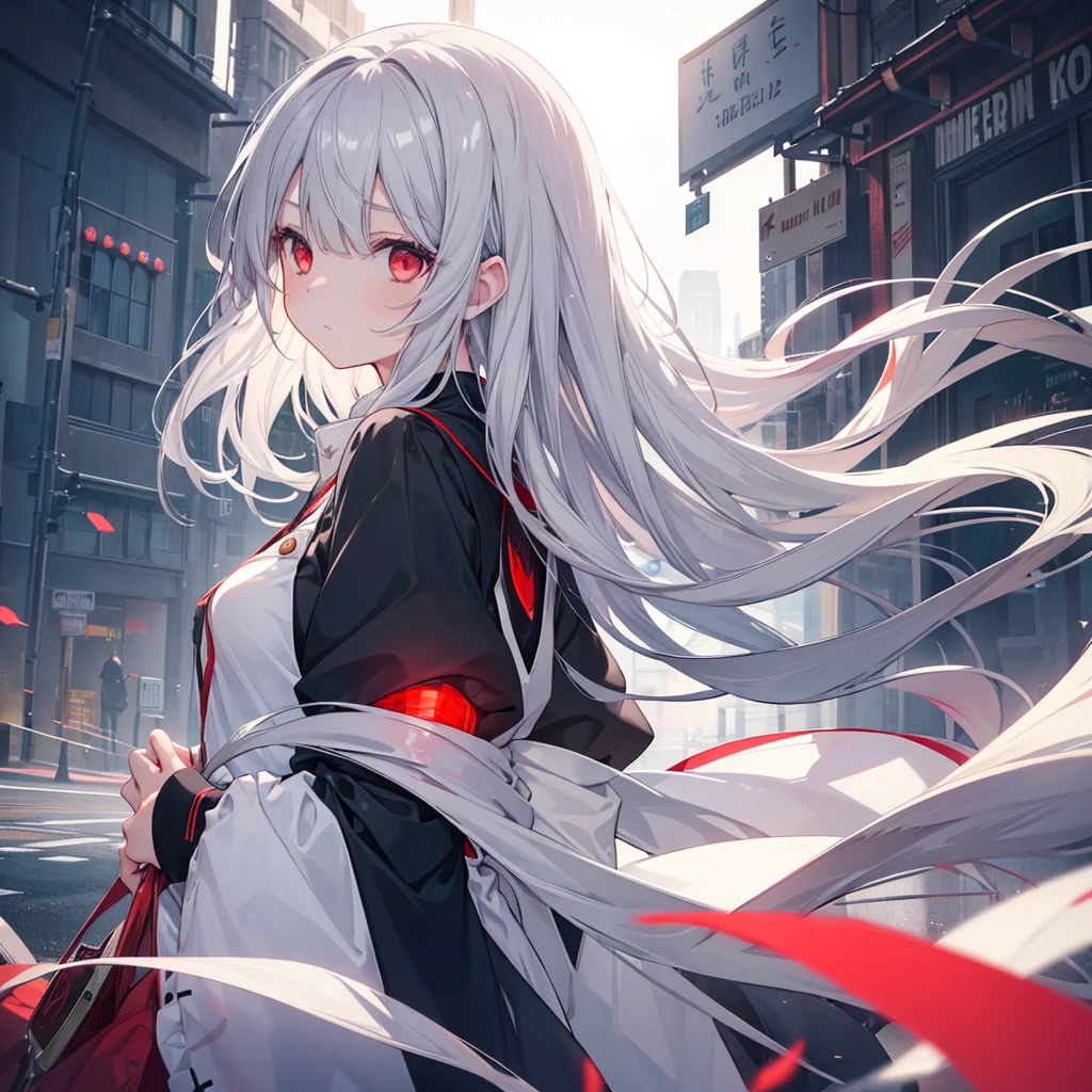 One girl, Long Hair, High resolution, Gaze, Food, Gray Hair, Simple Background, far and near method, Illustration, Hair blowing in the wind, Deco bangs, Red eyes, Sad, mysterious, Diagonally from the side,beautiful