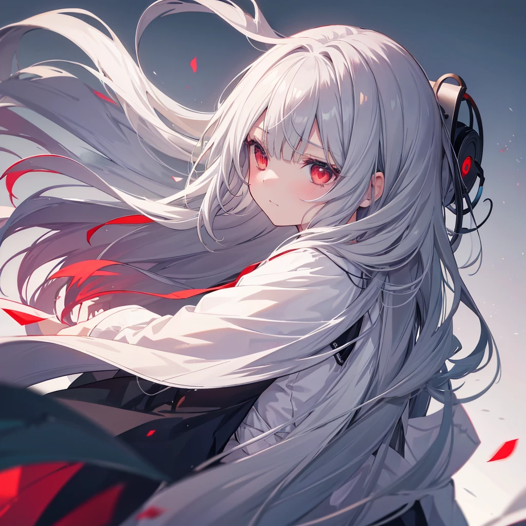 One girl, Long Hair, High resolution, Gaze, Food, Gray Hair, Simple Background, far and near method, Illustration, Hair blowing in the wind, Deco bangs, Red eyes, Sad, mysterious, Diagonally from the side,beautiful