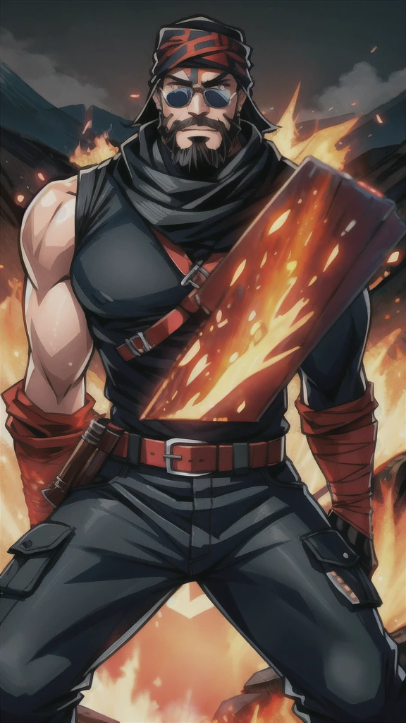 marcus_fenix, (muscular:1.1), fire, mountain, lava, fold, beard, armor, holding a gun, black bandana, long pants, looking at viewer, dramatic