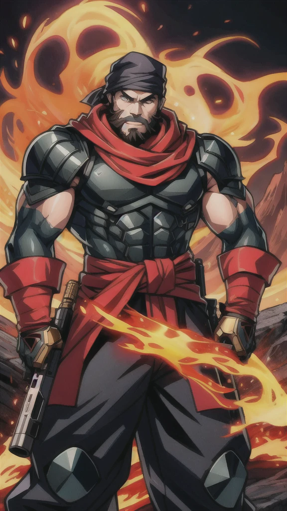 marcus_fenix, (muscular:1.1), fire, mountain, lava, fold, beard, armor, holding a gun, black bandana, long pants, looking at viewer, dramatic 