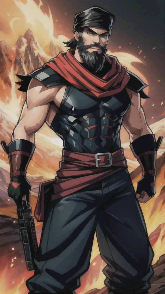 marcus_fenix, (muscular:1.1), fire, mountain, lava, fold, beard, armor, holding a gun, black bandana, long pants, looking at viewer, dramatic