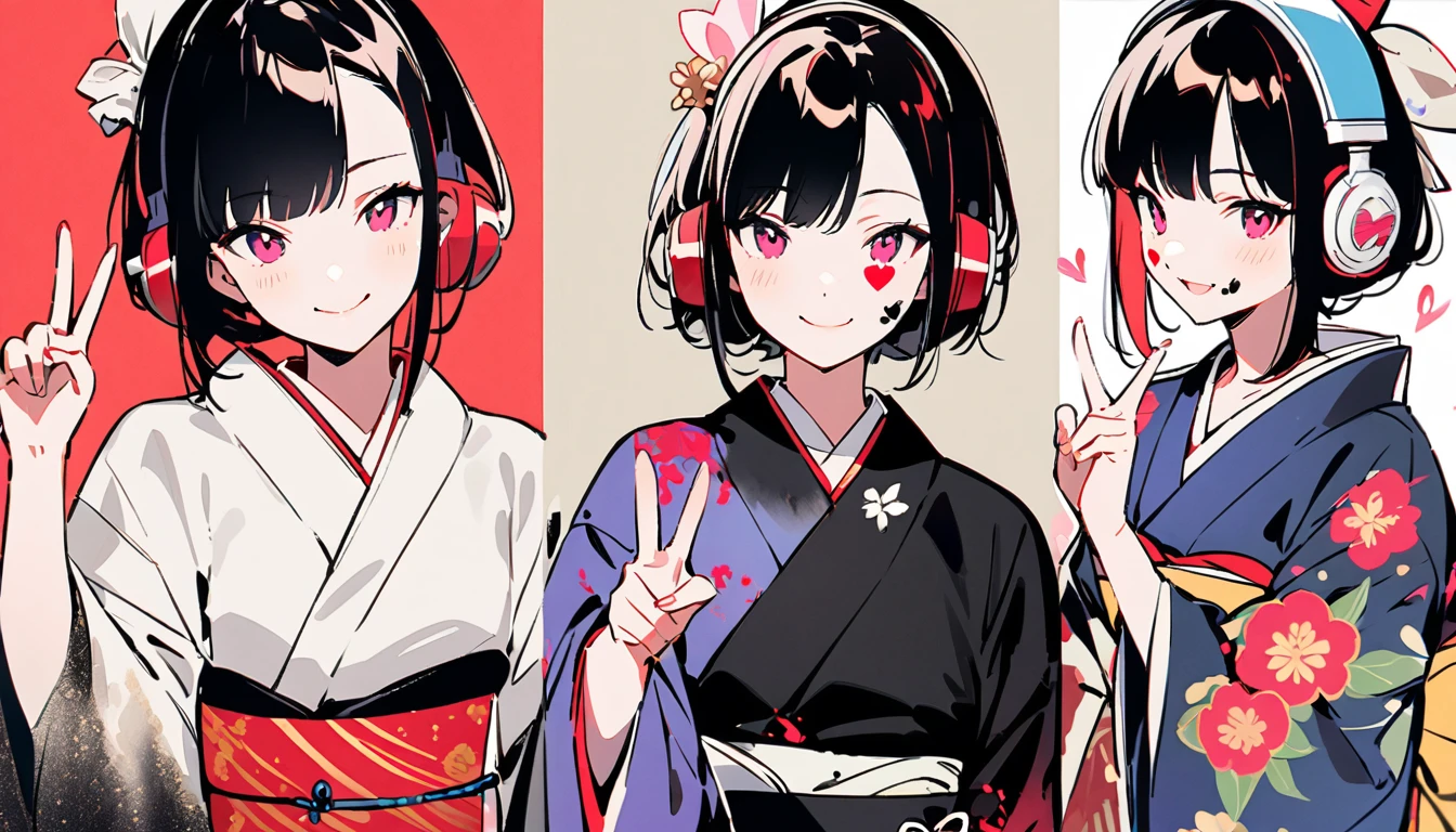 Fashion portrait color photos, (((Ink Painting))), (((1 girl))), (((Heart tattoo on face))), (((Gorgeous kimono))), Japanese style headphones, Two finger peace sign, Japanese beautiful girl, smile