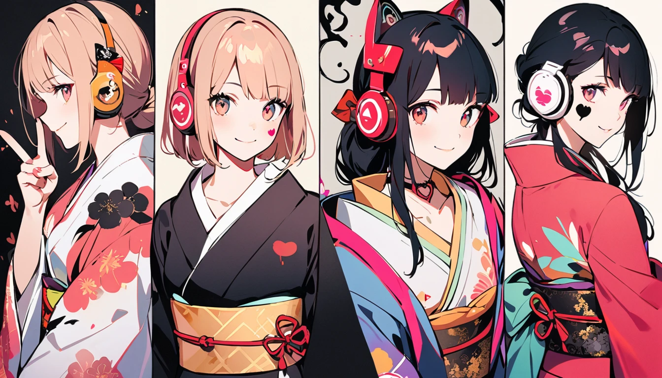 Fashion portrait color photos, (((Ink Painting))), (((1 girl))), (((Heart tattoo on face))), (((Gorgeous kimono))), Japanese style headphones, Two finger peace sign, Japanese beautiful girl, smile