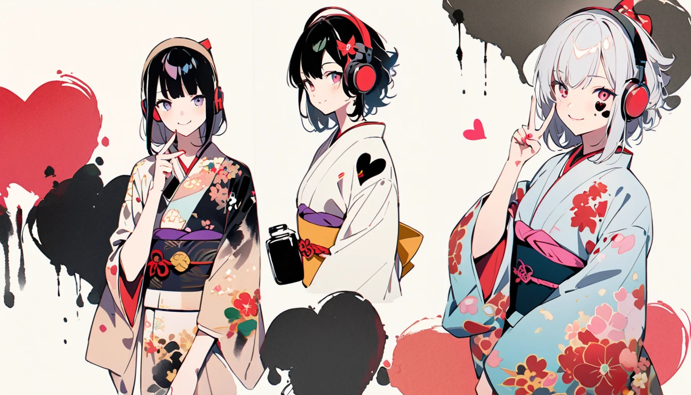 Fashion portrait color photos, (((Ink Painting))), (((1 girl))), (((Heart tattoo on face))), (((Gorgeous kimono))), Japanese style headphones, Two finger peace sign, Japanese beautiful girl, smile