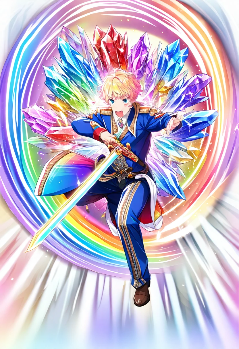 Beauty、Military Uniform Cosplay、Rainbow Colors、Image of crystal、Shining Holy Sword、Jump、attack、Swinging the Sword、Vibrant、whole body、Game Characters、High resolution, Winner of numerous awards, Highest quality, Anatomically correct, accurate, masterpiece, 男性が好きなBeauty