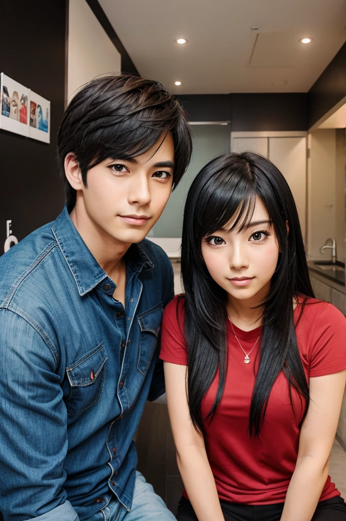 A male and female couple take pictures together in anime style.