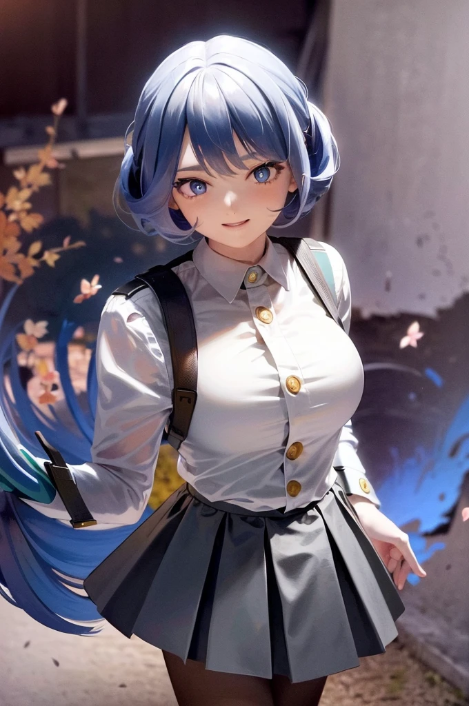 ((absurdres)), (((best Quality))), ((ultra detailed)), ((illustration)), full resolution, hdr, 8k, 16k, (Masterpiece, Best quality:1.4), (Beautiful, Aesthetic, Perfect, Intricate:1.2), (ultra resolution:1.2), (ultra detailed), 1girl, nejire hado, periwinkle hair, drill hair, bangs, blue eyes, white button up shirt, BREAK, seifuku, grey blazer jacket, grey skirt, ((upper body)), studio lighting, (((medium breasts))), ((happy)) 