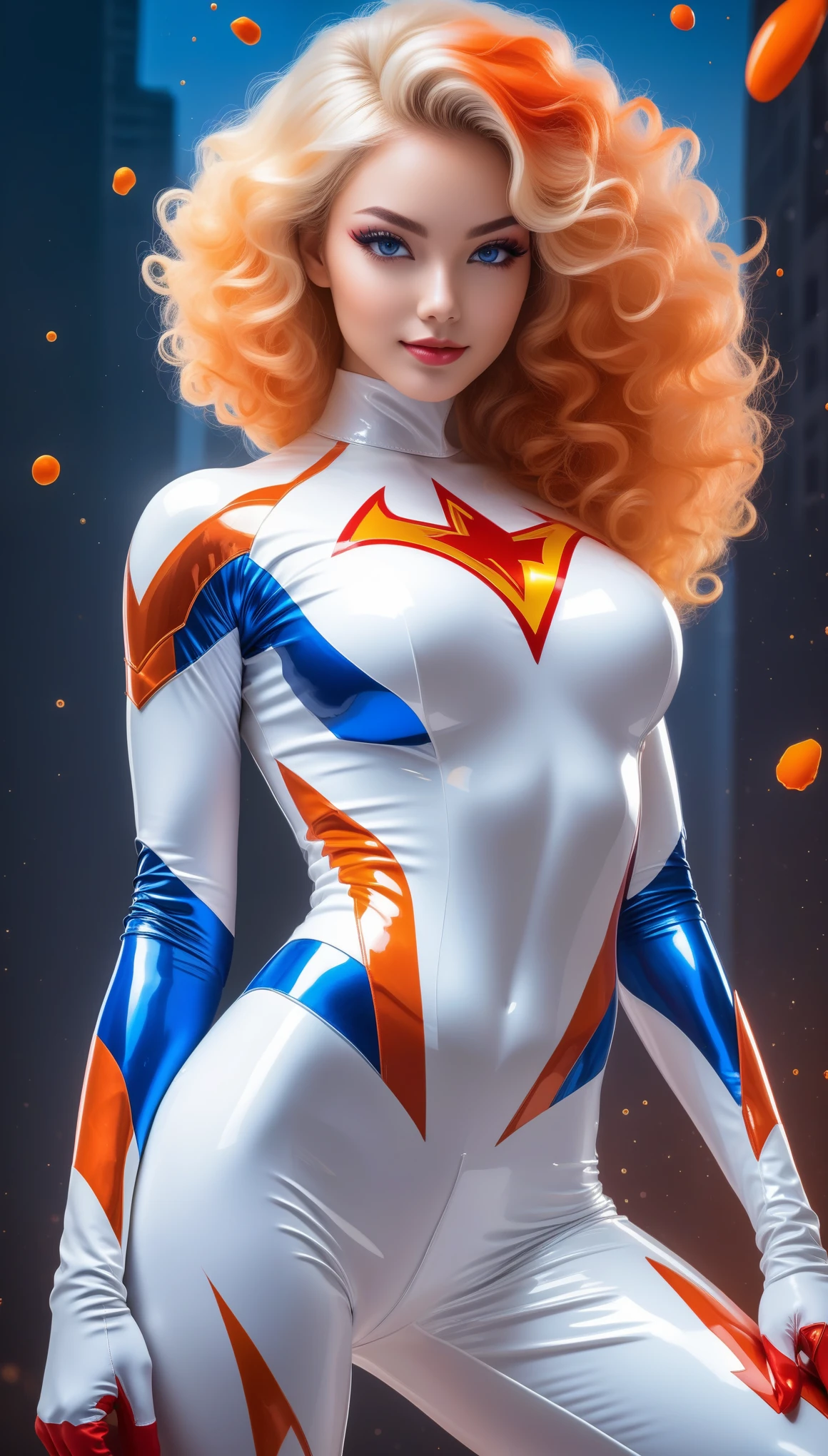 beautiful young girl, mysterious smile on beautiful face, seductive eyes, extreme detail, shiny polished white latex catsuit, red splash, blue splash, orange splash, ((muscular arms)), (((muscular abs))), (huge breasts:1.5), slim waist, visible pussy, superhero pose, looking towards viewer, raw photo, skin pores, curly white hair, military insignia