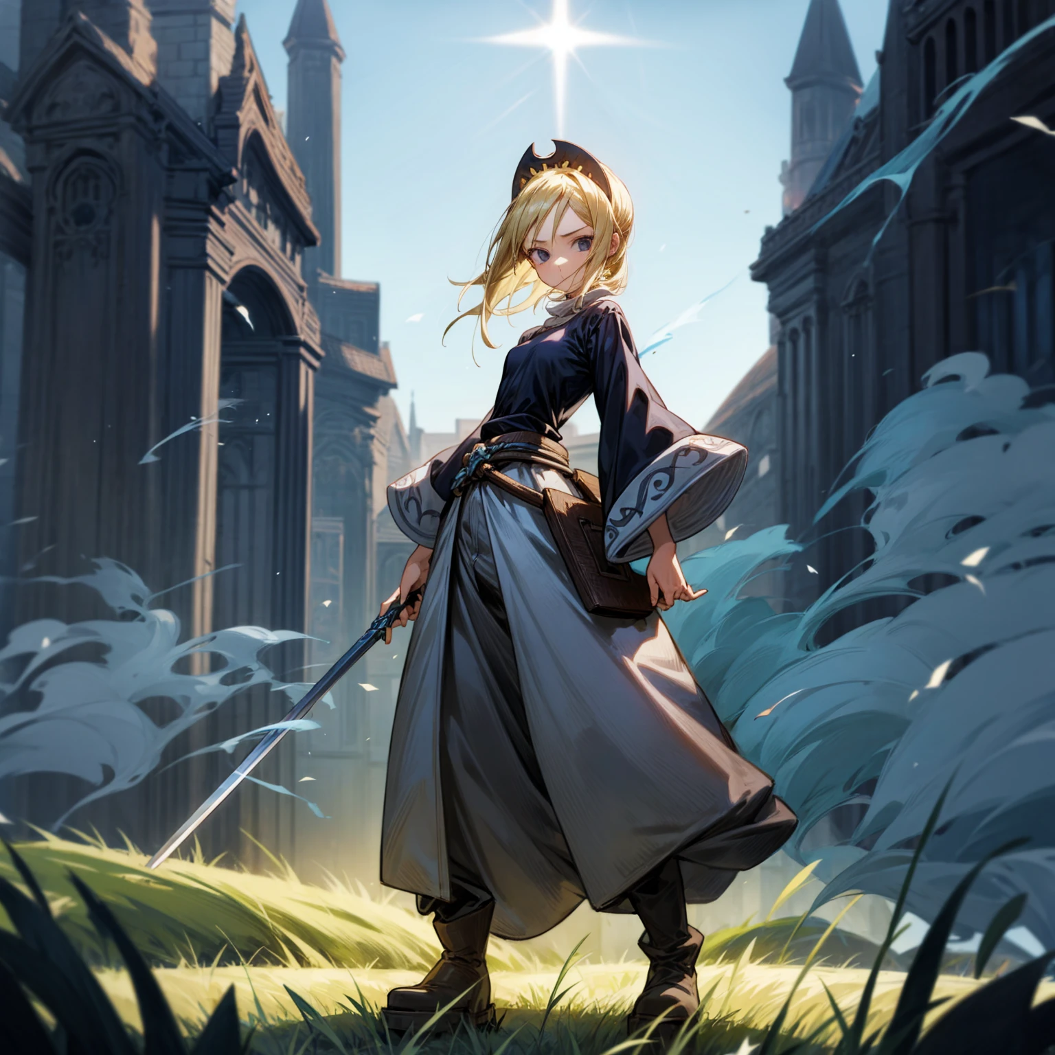 1girl, Full body version, 1character, black eyes, long Frizzy haircut, blonde colour hair, medieval clothing, long pants, headband, boots, Grassroots, full background in field town, motion blur, lighting, (one piece art), standing poses, sword in hand, blue smoke on background