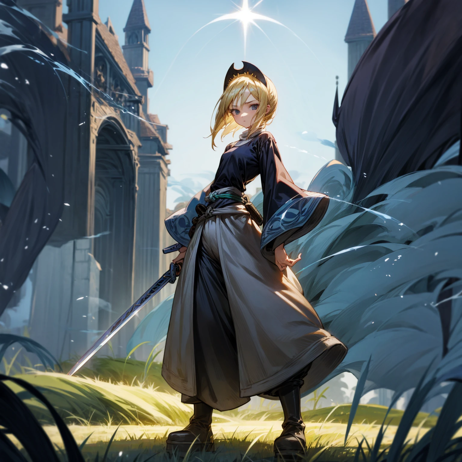 1girl, Full body version, 1character, black eyes, long Frizzy haircut, blonde colour hair, medieval clothing, long pants, headband, boots, Grassroots, full background in field town, motion blur, lighting, (one piece art), standing poses, sword in hand, blue smoke on background