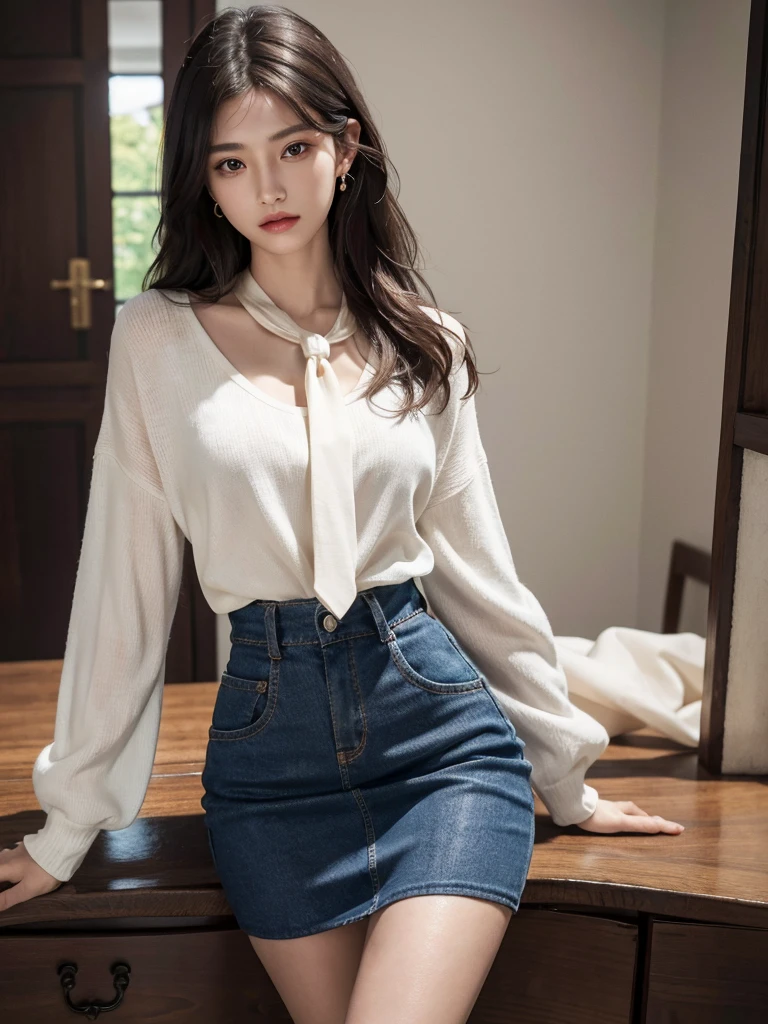 absurdres, RAW photo, extremely delicate and beautiful, masterpiece, Best Quality, ultra high resolution, 32k, hyperrealistic, ultra-detailed, (perfect anatomy:1.2), (anatomically correct:1.2), perfect figure, Perfect Style, Perfect balance, super Detailed skin, in her 20s, very Slim body, narrow waist, very small head, very small face, delicate facial features, handsome detailed woman, very detailed eyes and face, realistic face proportions, Realistic beautiful face, Realistic beautiful eyes, tearful mole, earring, very huge round breasts, whole body shot, whole legs, medium hair, asymmetrical hair, indoor, knitted shirt, skirt, tie,