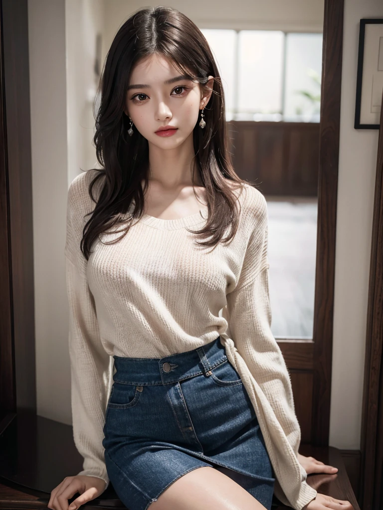 absurdres, RAW photo, extremely delicate and beautiful, masterpiece, Best Quality, ultra high resolution, 32k, hyperrealistic, ultra-detailed, (perfect anatomy:1.2), (anatomically correct:1.2), perfect figure, Perfect Style, Perfect balance, super Detailed skin, in her 20s, very Slim body, narrow waist, very small head, very small face, delicate facial features, handsome detailed woman, very detailed eyes and face, realistic face proportions, Realistic beautiful face, Realistic beautiful eyes, tearful mole, earring, very huge round breasts, whole body shot, whole legs, medium hair, asymmetrical hair, indoor, knitted shirt, skirt, tie,