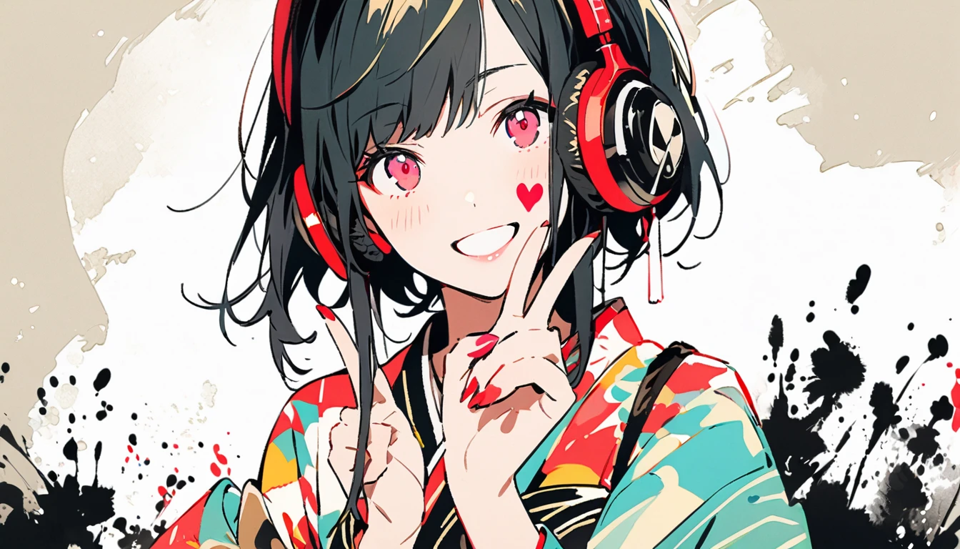 Fashion portrait color photos, (((Ink Painting))), (((1 girl))), (((Heart tattoo on face))), (((Gorgeous kimono))), Japanese style headphones, Two finger peace sign, Japanese beautiful girl, smile